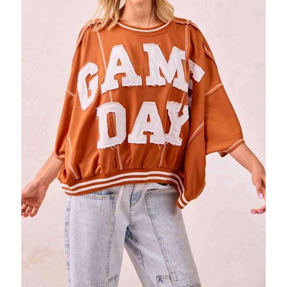NEW BIBI gameday patchwork stitch detail french terry top in burnt orange/white - Picture 2 of 3